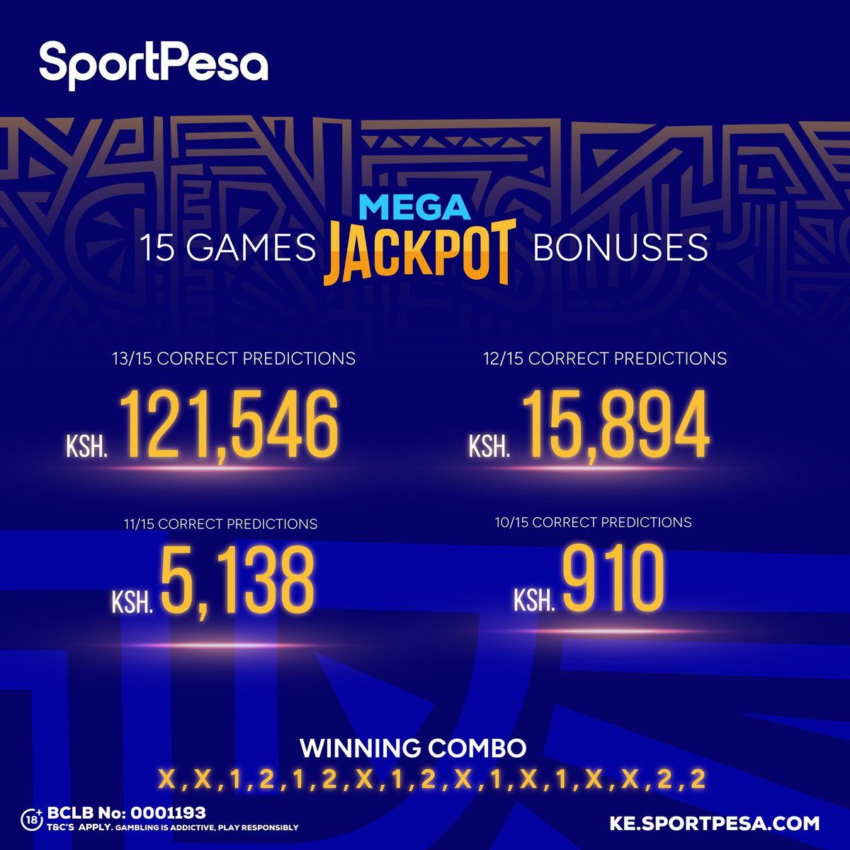 SportPesa's tweet photo. SportPesa Mega Jackpot Bonus Alert!

Uliwai ngapi?😜 Congratulations to all Bonus Winners! 👏

📲https://t.co/KvvUAMpVa1 | #MakeItCount https://t.co/qqRGPiLDLK