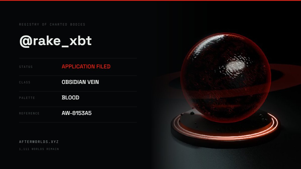 rake_xbt's tweet photo. Applied for @afterworldsxyz

I claimed Obsidian Vein · Blood.

Whitelist applications are open.

Apply here: https://t.co/YAHHNvz34N https://t.co/hscAp8N8ri