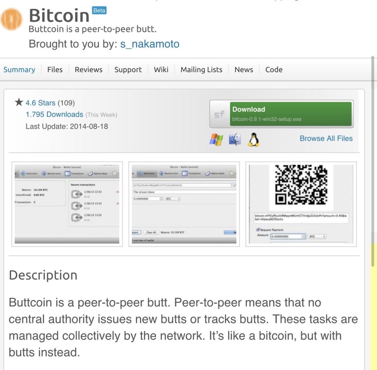 not_dxvid's tweet photo. This is insane $BUTTCOIN lore 😭

in 2014, Satoshi’s old SourceForge account was compromised and the Bitcoin project page was literally changed to:

“Buttcoin is a peer-to-peer butt.”

$BUTTCOIN was trolling Bitcoin before most of CT was even here. https://t.co/i4rvi7wXIg