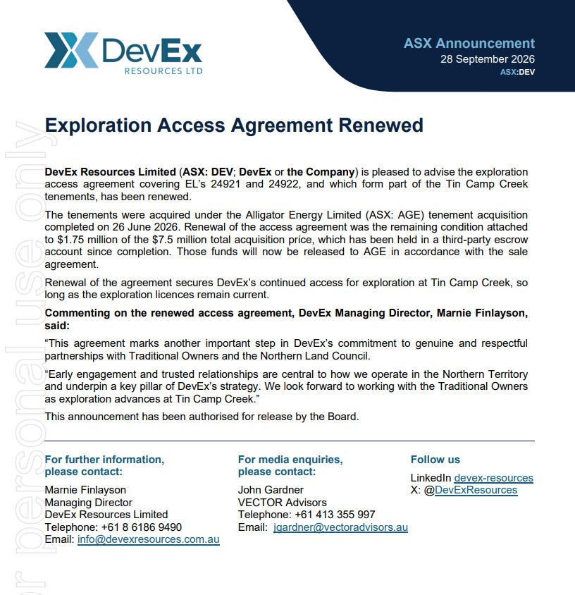 DevExResources's tweet photo. DevEx Resources (ASX: DEV) has renewed the exploration access agreement covering its Tin Camp Creek tenements in the NT, securing continued exploration access and reflecting its commitment to respectful partnerships with Traditional Owners.

ASX Release below.

#uranium #ASX https://t.co/v9IpSg7ptk