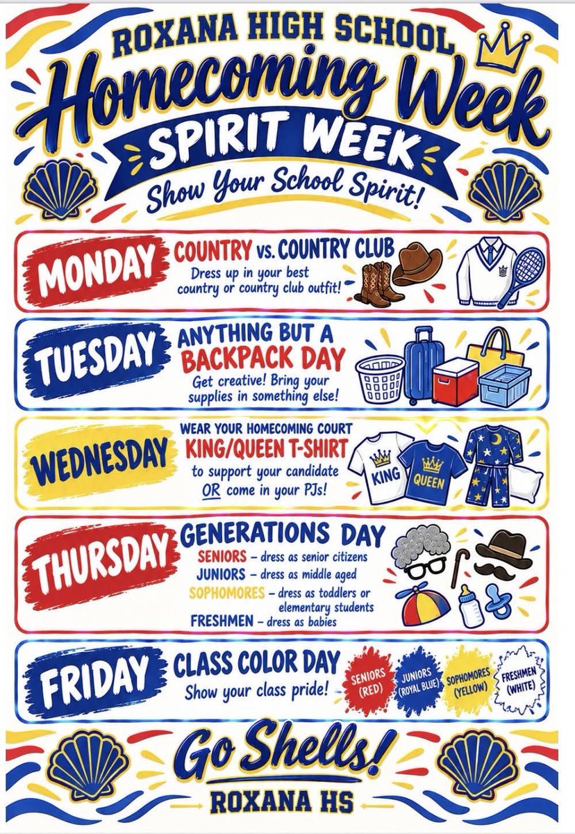 RHS_Shells's tweet photo. Homecoming Week 🟥🟦🟨
Go Shells! #RoxanaProud #ShellPride https://t.co/t0K40WxcYE