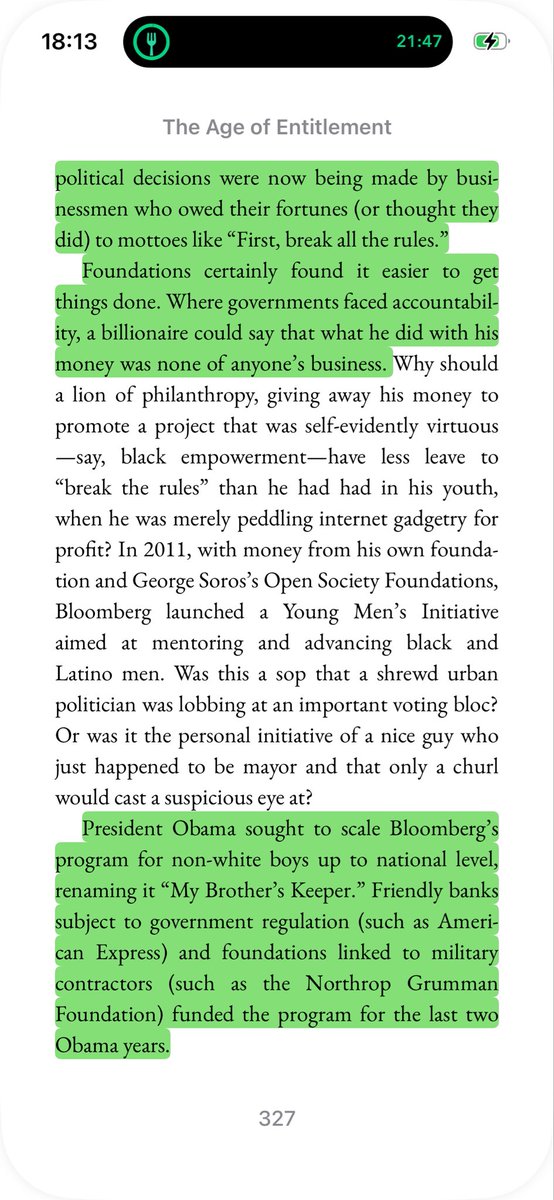 Fasiii's tweet photo. “Whether or not Barack Obama was well disposed to oligarchy, he was operating in a society in which rich people had more and more sway over government and politicking. He used and emulated the power of philanthropy. His education reform Race to the Top did not straightforwardly fund state education departments. It made available billions of dollars in federally budgeted prize money to reward the states that were quickest to adopt the “Common Core,” a curricular philosophy that Bill Gates had used his foundation and its $40 billion endowment to push.
The educator Diane Ravitch complained that education policy, once the part of American government most answerable to grassroots democracy, was now being made, top-down, by three powerful families: the Gateses of Washington State, the Waltons of Arkansas, and the Broads of Los Angeles. They were abetted by gifts from the owners of Dell, Netflix, and the Gap, and by an array of foundations driven sometimes by political ambition, sometimes by political prudence: ”

Excerpt From
The Age of Entitlement
Christopher Caldwell
https://t.co/S0LQQlOteX
This material may be protected by copyright.