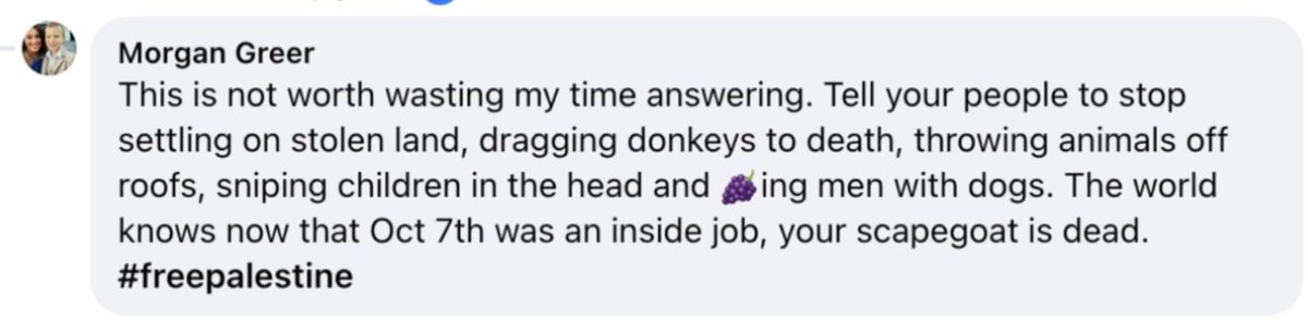 StopAntisemites's tweet photo. Meet Morgan Greer, a benefits specialist with Cleveland’s @metrohealthCLE.

Greer used Facebook to claim the October 7th massacre was an "inside job," accuse Israelis of using dogs to rape people, and declare that Israelis live on "stolen land."

Imagine being a Jewish colleague forced to place your trust in her.