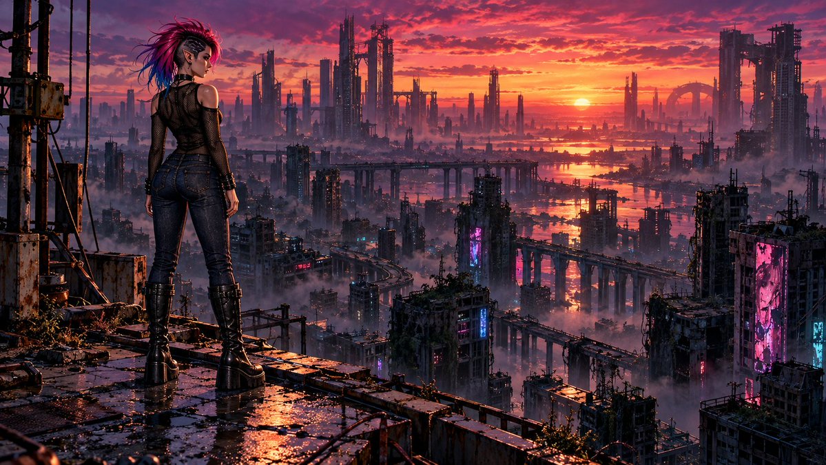 FuckTheSystem0x's tweet photo. "Once a city thrived,
illuminating endless skies.
Now only ruins remain,
where yesterday still lies."

Your character overlooking a desolate, post-apocalyptic cyberpunk city skyline.

Prompt in replies.
#CrownAI https://t.co/IcPhtrv6ZP