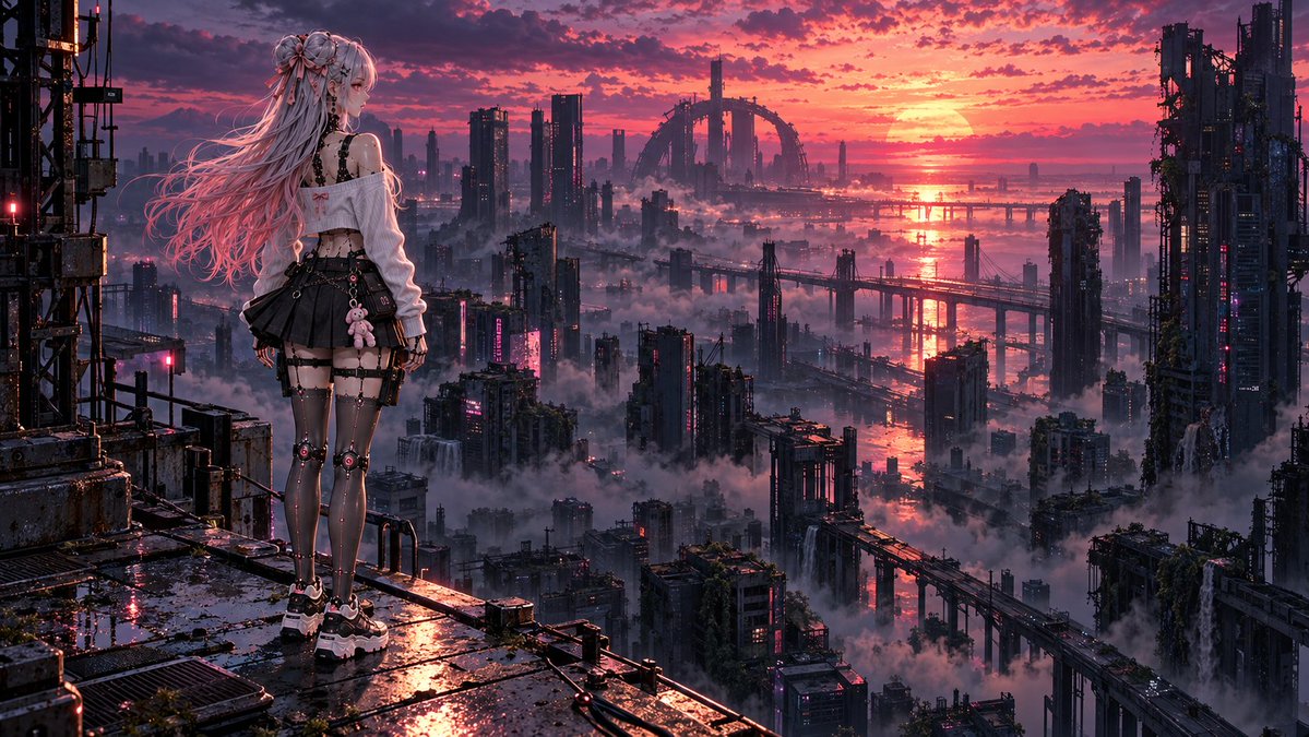 FuckTheSystem0x's tweet photo. "Once a city thrived,
illuminating endless skies.
Now only ruins remain,
where yesterday still lies."

Your character overlooking a desolate, post-apocalyptic cyberpunk city skyline.

Prompt in replies.
#CrownAI https://t.co/IcPhtrv6ZP