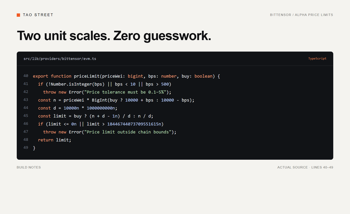 taostreet_rh's tweet photo. Screenshots show real source excerpts, with original line numbers.

Two unit scales. Zero guesswork.
Screenshot: 01-bittensor-price-limits.png
Source: src/lib/providers/bittensor/evm.ts:40

One hard part of building on Bittensor: getting the units right.

TAO Street converts runtime alpha prices from 1e18 to the 1e9 price-limit scale using BigInt, with direction-aware rounding and chain-bound checks.

The trade starts with the math.