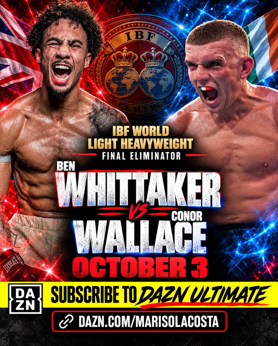BMERingside's tweet photo. Ben Whittaker returns to Birmingham to face Conor Wallace in an IBF World Light Heavyweight Final Eliminator on Saturday, October 3, at Utilita Arena Birmingham, England.

Whittaker enters the fight with a record of 12-0-1 (8 KOs), while Wallace brings a 17-1 (12 KOs) record into the matchup. The winner will move into position for an opportunity to challenge for the IBF World Light Heavyweight title.

The fight will be streamed live on DAZN.

Who do you think takes the win in Birmingham?

Subscribe to DAZN Ultimate through my link:
https://t.co/K9bccsvoAN⁠

#BenWhittaker #ConorWallace #Boxing #IBF #BMERingside