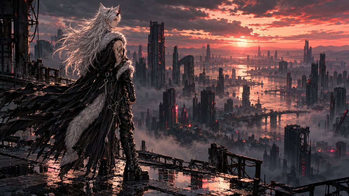 FuckTheSystem0x's tweet photo. "Once a city thrived,
illuminating endless skies.
Now only ruins remain,
where yesterday still lies."

Your character overlooking a desolate, post-apocalyptic cyberpunk city skyline.

Prompt in replies.
#CrownAI https://t.co/IcPhtrv6ZP