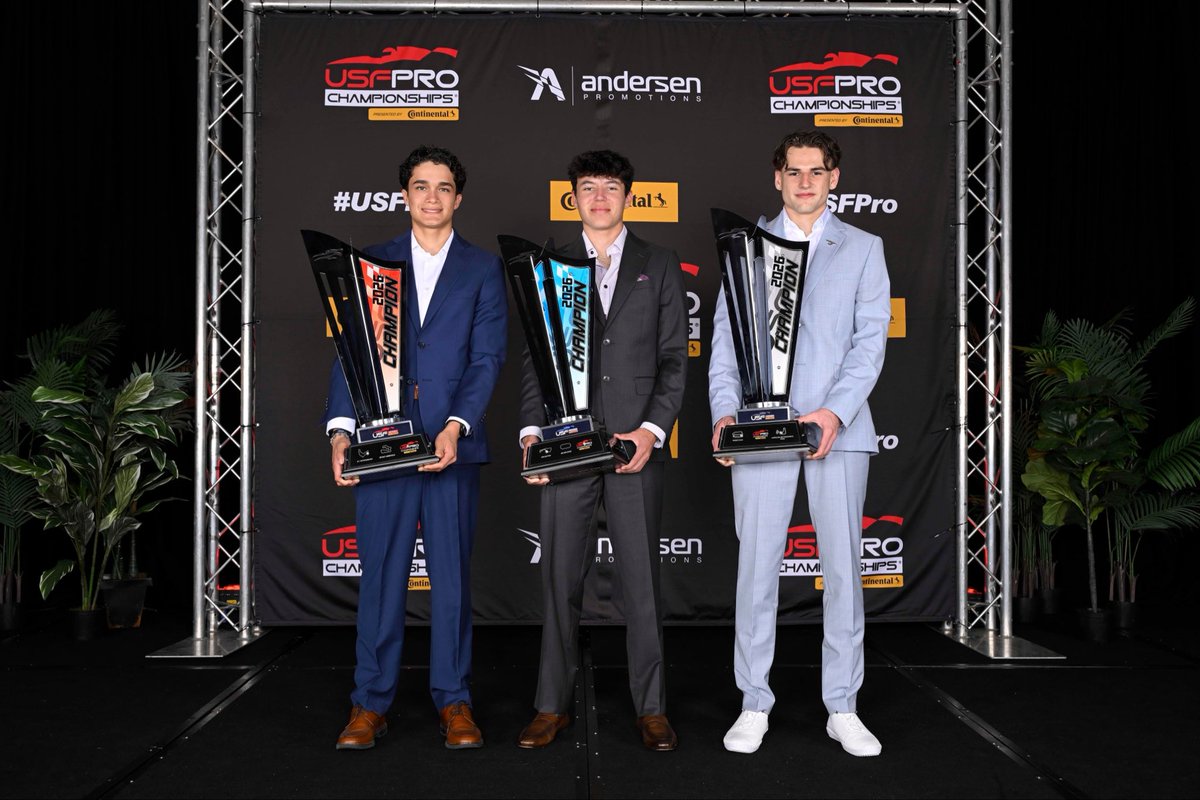 USFProChamps's tweet photo. The 2026 racing season has come to a close! Tonight, we celebrate our champions Jack Jeffers, Sebastian Garzon and Karol Pasiewicz and the teams behind them at our 2026 Championship Celebration. 🏆

#USFPro #INDYCAR #Motorsports  #Continentaltire #VPRacing https://t.co/cGZMAOTiLF