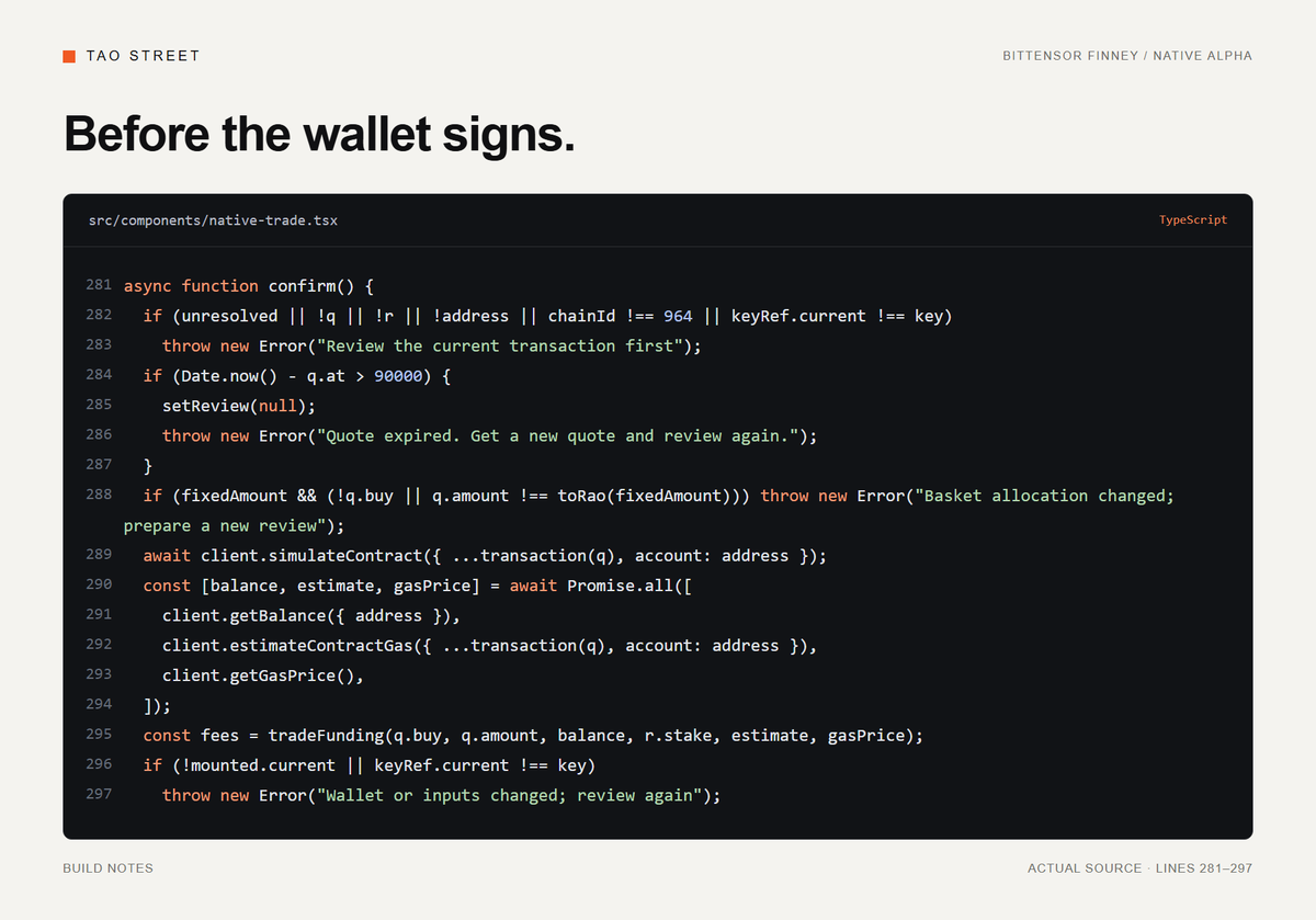 taostreet_rh's tweet photo. A Bittensor alpha quote can go stale before you sign.

TAO Street rejects expired quotes, re-simulates the Finney transaction, recalculates funding and gas, and checks wallet/input changes before requesting a signature.

The confirm button is the easy part. https://t.co/xzrc2dQUd7