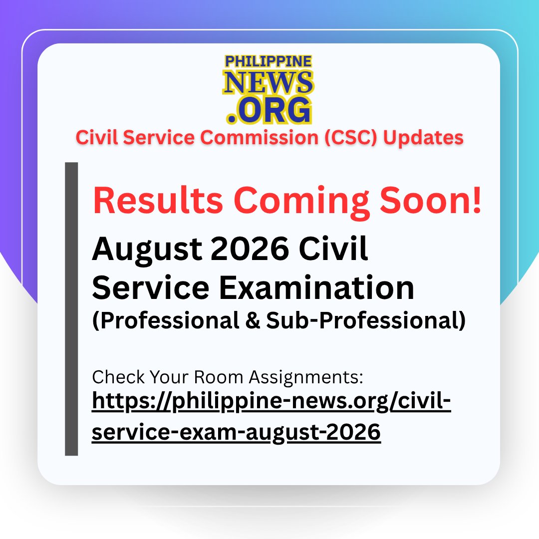 PHNewsOrg's tweet photo. 📢 AUGUST 2026 CIVIL SERVICE EXAM RESULTS COMING SOON

The CSC says the list of passers for the August 9, 2026 CSE-PPT (Professional & Subprofessional) is targeted for release on or before Oct. 12, 2026, subject to adjustment.

🔗 https://t.co/bmiWg1LUG4

Official results: CSC website.

#CSE2026 #CivilServiceExam