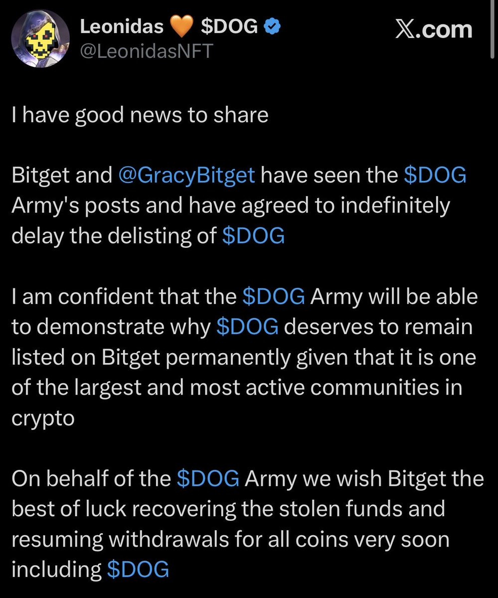 cryptolution101's tweet photo. 🚨JUST IN: @Bitget and @GracyBitget have agreed to indefinitely delay the delisting of solana:dog1viwbb2vWDpER5FrJ4YFG6gq6XuyFohUe9TXN65u (Bitcoin) on exchange.

$DOG Army will stand strong behind exchanges that support the Free &amp; Fair models ✊🐕 https://t.co/P0NMorkUbV