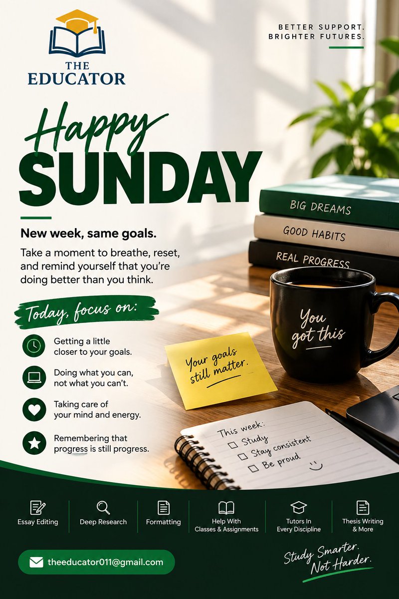 theeducator011's tweet photo. New week. Same goals.

Take a moment to reset, refocus and get ready for what’s ahead. You don’t have to do everything at once. Small progress still counts.
Your goals still matter.
Academic support when you need it: theeducator011@gmail.com
#StudentLife #StudyMotivation https://t.co/wdAek8nU3M