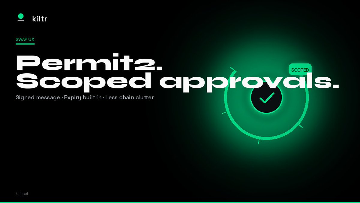KiltrProtocol's tweet photo. Permit2 - scoped approvals

Before a swap, ERC-20s need an allowance. Where supported, Kiltr uses Permit2: approval becomes a signed message with a scoped expiration - not a permanent on-chain spend grant.

Cleaner wallet flow. Same router pull. Built for how people actually swap.

https://t.co/0RUUj8AC2c

Educational content. Not investment advice.
Independent — not affiliated with or endorsed by Robinhood.

$KILTR CA: 0x985ff6B07d77121eBBb4074c35b7a022D61123AD