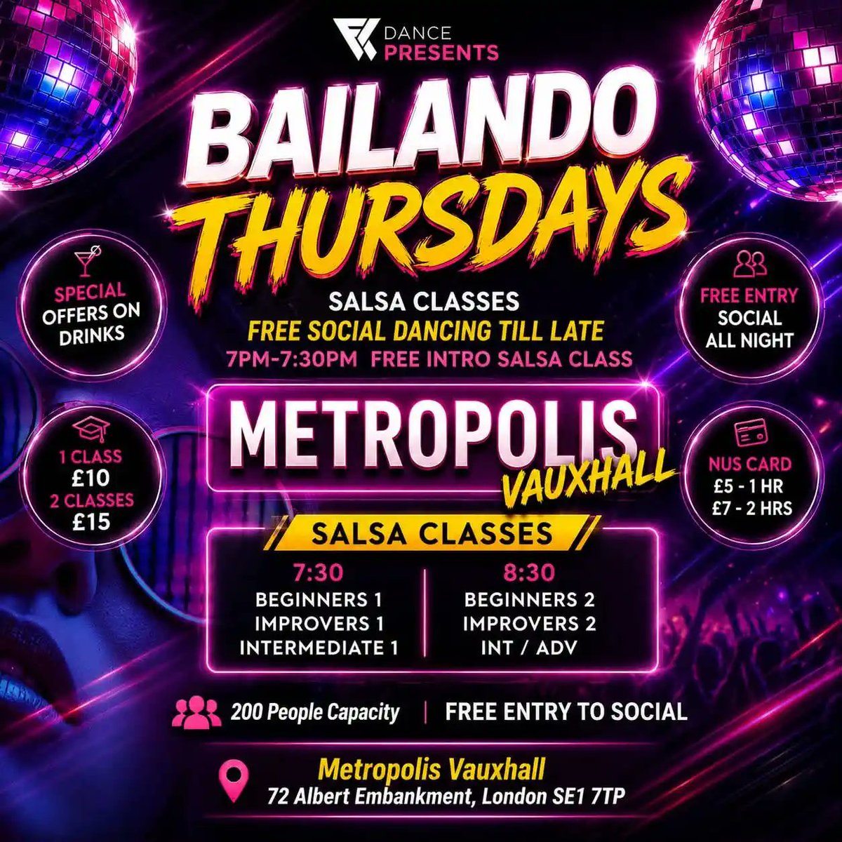 Bar_Salsa's tweet photo. BAILANDO #THURSDAYS
07:00 am – 11:30 am
Metropolis Vauxhall, Metropolis Vauxhall, 72 Albert Embankment, London
Free 100% salsa social. Classes On1 for beginners and beyond. £10 https://t.co/q6566pZCg7