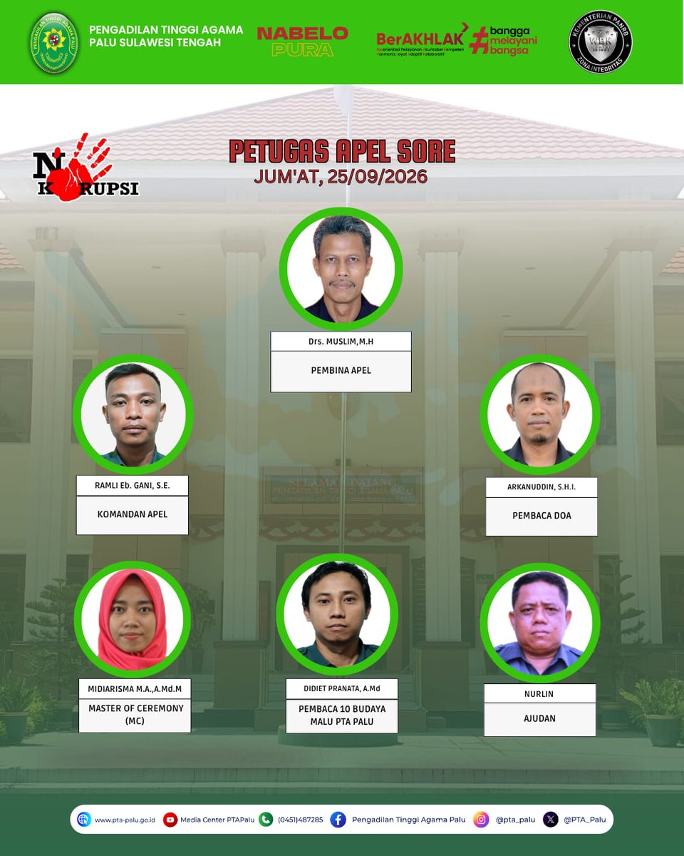 PTA_Palu's tweet photo. Tabe #SampesuvuPTA.Palu
Jumat, 25 September 2026

Mengakhiri rangkaian kegiatan dan kinerja pada pekan ini, PTA Palu menggelar apel Jumat sore yang diikuti oleh seluruh aparatur PTA Palu.

@Humas_MA
@MahkamahAgung
@DitjenBadilag
#ptapalunabelopura
#ptapalusukseswbk https://t.co/xaMU2jvlgh