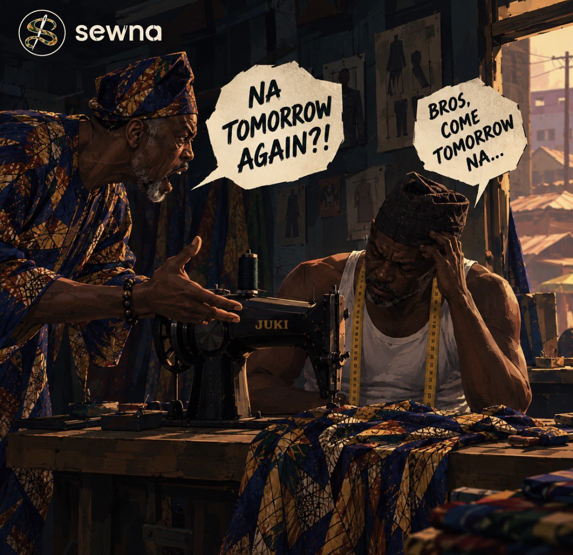 Sewna_a's tweet photo. “Come tomorrow” has kept Nigerians waiting long enough 😂

Sewna is here to change the narrative.

#fashion https://t.co/T5mEC9kXqA