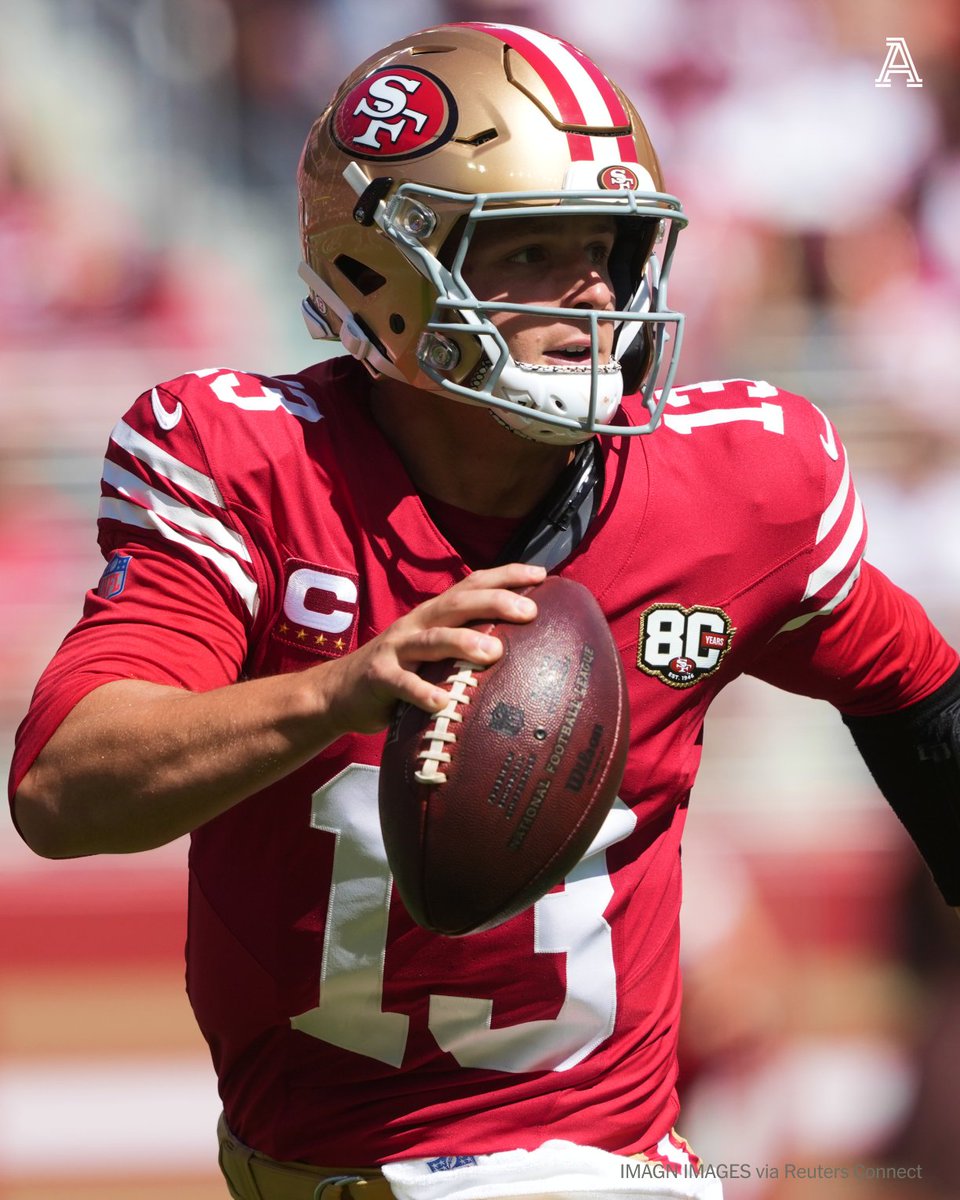 TheAthletic's tweet photo. Brock Purdy through three games in 2026:

◽ 3-0 record
◽ 32.7 PPG
◽ 789 total passing yards
◽ 10 total touchdowns
◽ 1 interception https://t.co/nwNOjA6oOf