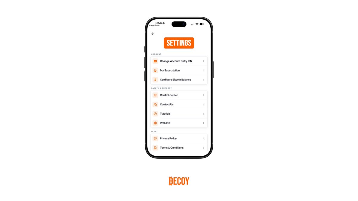 DecoyWalletApp's tweet photo. Updated user settings page now includes categorized sections to separate account settings, safety and support options, and legal information. https://t.co/dptveSmxzD