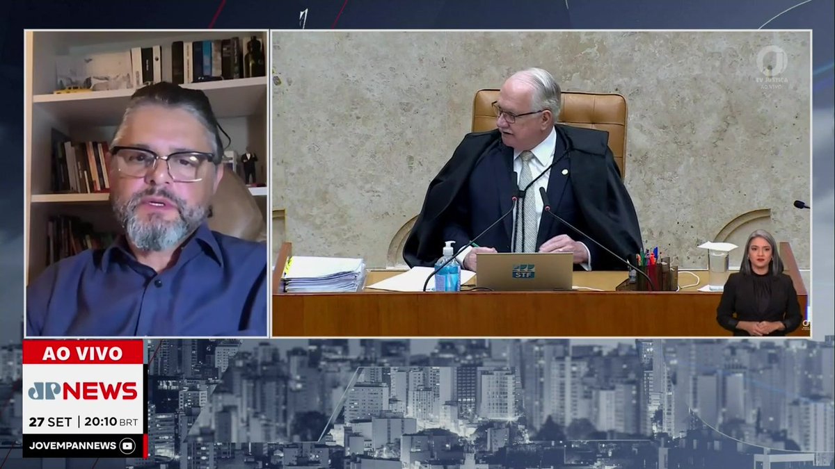A split-screen broadcast from JP News shows a commentator with a beard and glasses on the left, alongside a live feed of a Brazilian Supreme Federal Court (STF) justice at the bench on the right, with a sign language interpreter visible in the corner. The on-screen graphics display "AO VIVO" and the date "27 SET | 20:10 BRT," illustrating the news segment discussing "instabilidade interna" and a "crise de confiança" at the STF.