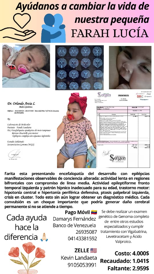 2001OnLine's tweet photo. #27Sep La bebé Farah Lucía padece encefalopatía del desarrollo con epilepsia, por lo que requiere con #urgencia un examen de Genoma Completo y tratamiento médico con Vigabatrina, Levetiracetam y Ácido Valproico para evitar daño cerebral permanente.

Su familia necesita una suma de 4.000 dólares para costear el análisis y el tratamiento. 

Recaudado: $ 1.041 | Faltante: $2.959.

💳 Datos para Donaciones:

🔹 Pago Móvil

Banco de Venezuela (0102):
Tlf: (0414) 338 15 92
C.I: 26.935.087 (Damarys Fernández)

🔹 Zelle: 9105053991 (Kevin Landaeta)  

¡Cada aporte y difusión cuenta!

#ServicioPúblico #AyudaParaFarah #Solidaridad #Venezuela #2001online