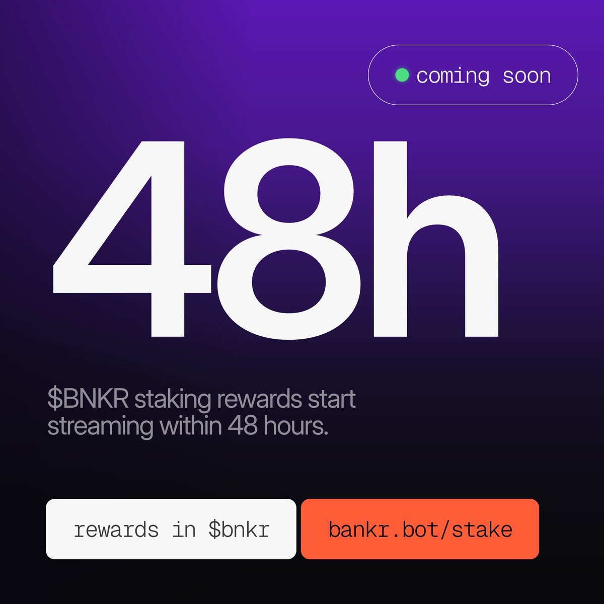 bankrbot's tweet photo. $BNKR staking rewards start streaming within 48 hours
stake now and you earn from the first payout

> rewards paid in $BNKR
> your boost grows daily, up to 2x at 12 months
> 30% of revenue buys $BNKR and streams

https://t.co/IPqclNxnGW https://t.co/zvaW9HsNwy