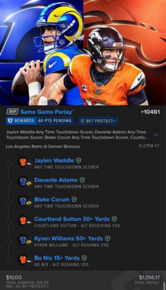 Confidencebkv5's tweet photo. 🚨 SNF 100-1 

💥 $10 Wins $1,000
💥 Rams vs Broncos

@GamblyBot https://t.co/jVXf8IggHE