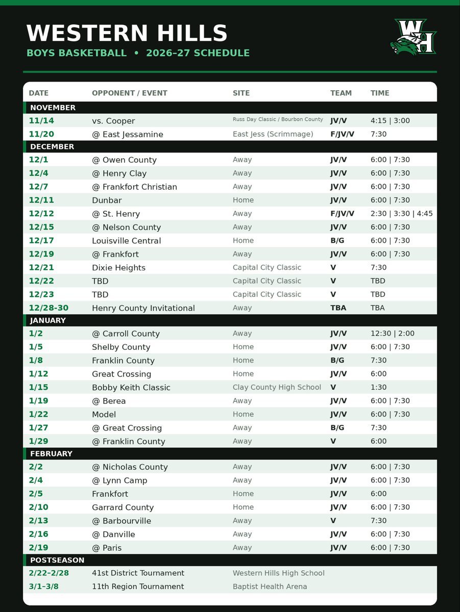 WHHS_Basketball's tweet photo. The 2026–27 Western Hills Boys Basketball Schedule is here!
A new season is coming which features the Capital City Classic, district matchups, and the 41st District Tournament on our home floor!
Wolverine Nation, let’s get to work!
#westisbest #leadthepack https://t.co/itIxzwdTaH