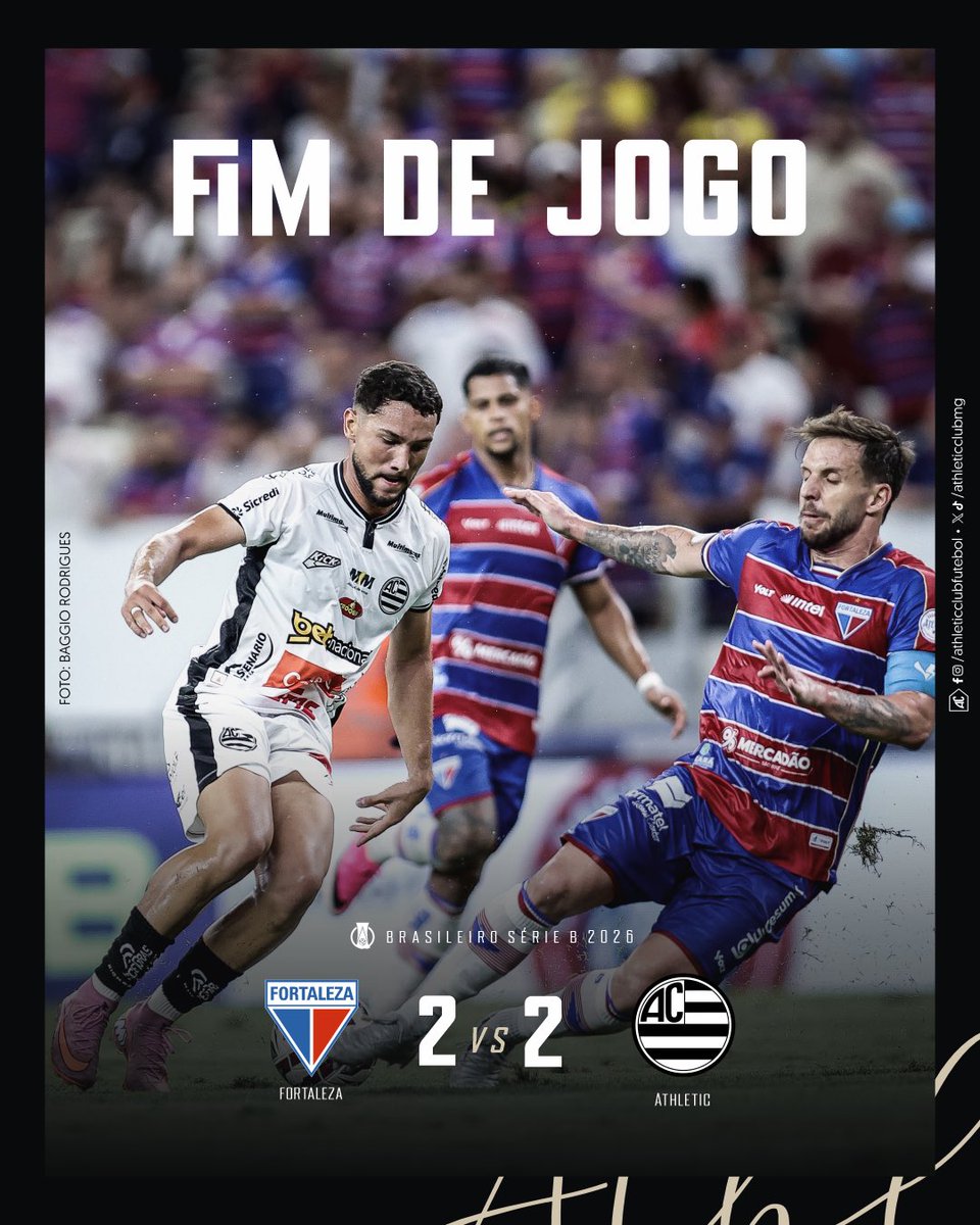 athleticclubmg's tweet photo. 51’ | 2ºT - FIM DE JOGO.
Fortaleza e Athletic ficam no 2 a 2 na Arena Castelão.
Ponto importante fora de casa contra o vice-líder. Seguimos!⚔️⚔️
Fortaleza 2x2 Athletic
#FORxATH #SérieB https://t.co/R95e2GzxwZ