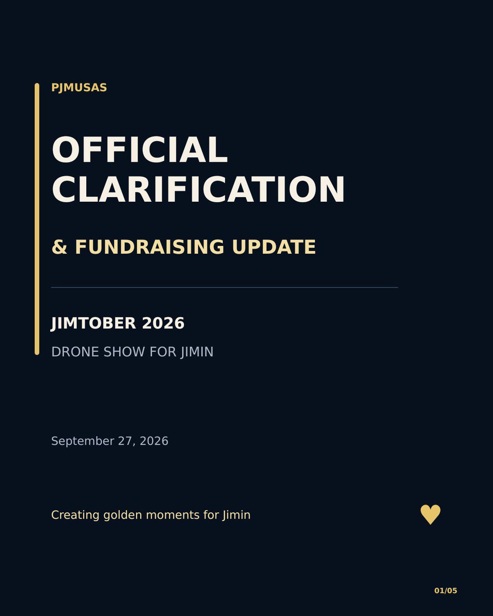 Pjmusas_Events's tweet photo. Entramos en la recta final para JIMTOBER 2026 💛🛸

Lo que comenzó como una idea en grande y un equipo muy pequeño, hoy se transforma en un reflejo del inmenso amor que le tenemos a PARK JIMIN.  
Gracias a la unión de todas y al esfuerzo constante de cada una, estamos cada vez más cerca de iluminar el cielo en su honor ✨. Este Drone Show no solo representa tecnología y luces, representa nuestro corazón, nuestro agradecimiento y la unión de todo un fandom movido por el mismo sentimiento 💛

Acompañennos a cerrar este proceso con la misma pasión de siempre. 🌙✨
👉 Desliza para ver la actualización del proyecto.