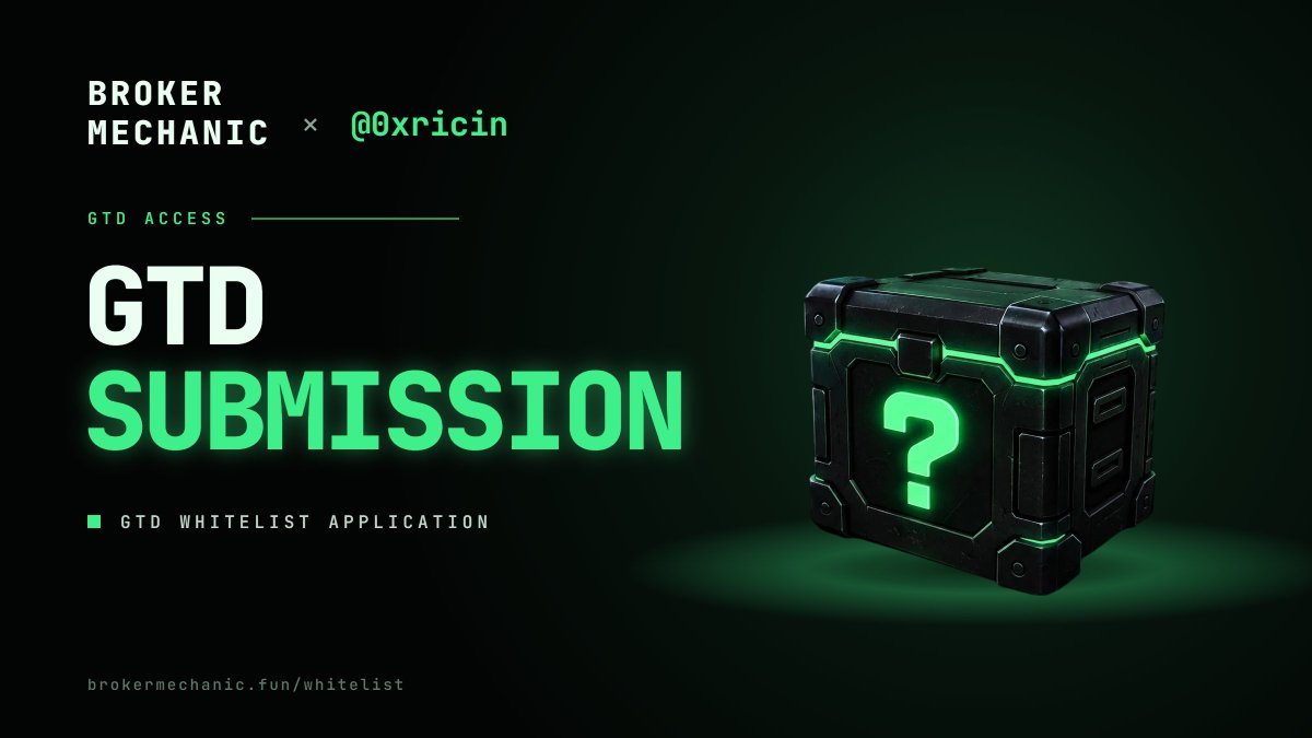 0xricin's tweet photo. Applying for the @brokermechanic NFT GTD whitelist.

300 guaranteed spots. $BROKER runs the machine.

Apply ↓ https://t.co/orlR574cNQ https://t.co/EAdWjxHdgb