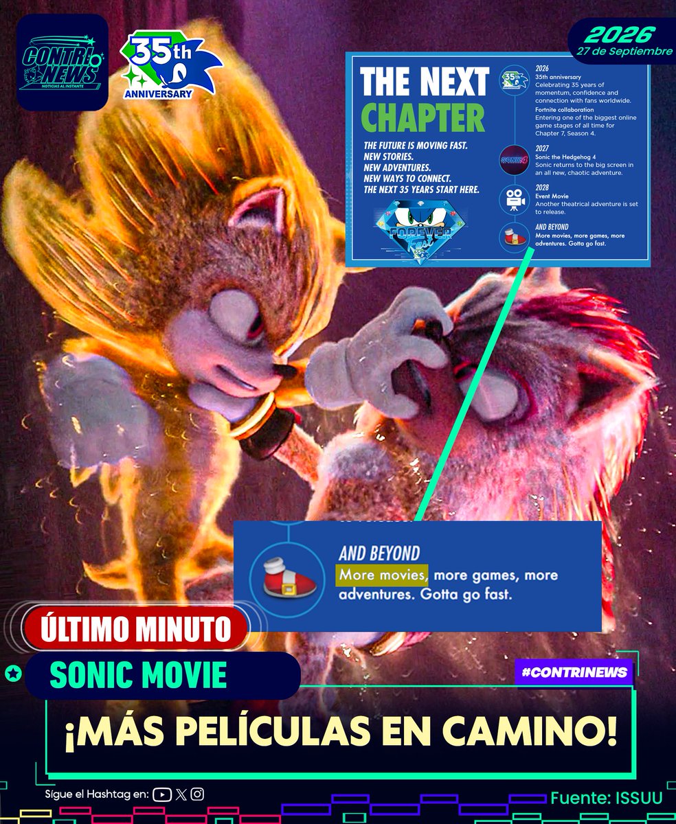 contriteorb4's tweet photo. #CONTRINEWS
Gracias a la revista de licencia del 35 aniversario de Sonic, se puede apreciar la confirmación de la "pelicula de evento" para 2028 y nuevas entregas cinematográficas para el futuro🎥 https://t.co/GcM5dLueiR