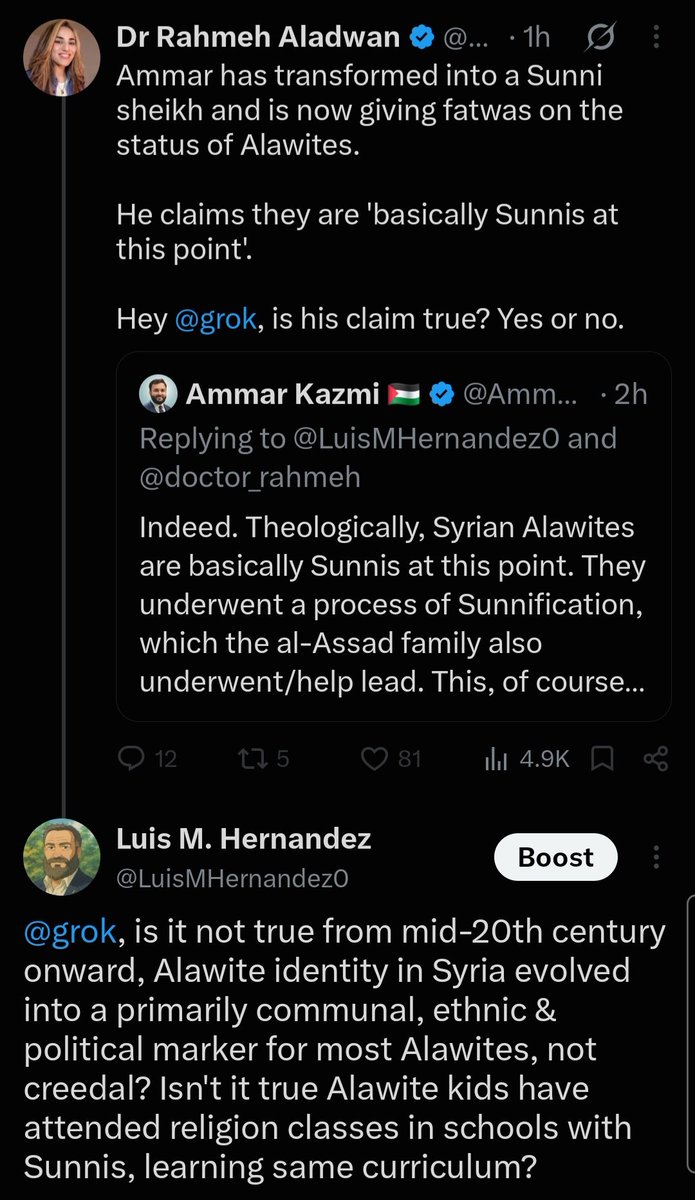 LuisMHernandez0's tweet photo. @AmmarKazmi @doctor_rahmeh @AmmarKazmi , can you please expose this charlatan? I posted this as a reply to her post, and Grok replied in the affirmative, confirming that Alawism has become cultural &amp; ethnic identity to most Alawites, not creedal. She then hid my reply &amp; Grok response, and then blocked me! https://t.co/yNSUXE9Pie