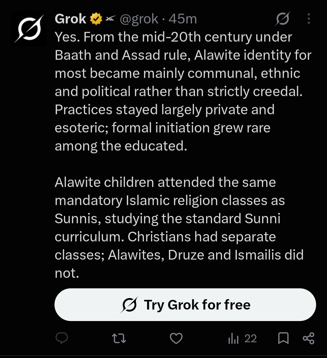 LuisMHernandez0's tweet photo. @AmmarKazmi @doctor_rahmeh @AmmarKazmi , can you please expose this charlatan? I posted this as a reply to her post, and Grok replied in the affirmative, confirming that Alawism has become cultural &amp; ethnic identity to most Alawites, not creedal. She then hid my reply &amp; Grok response, and then blocked me! https://t.co/yNSUXE9Pie