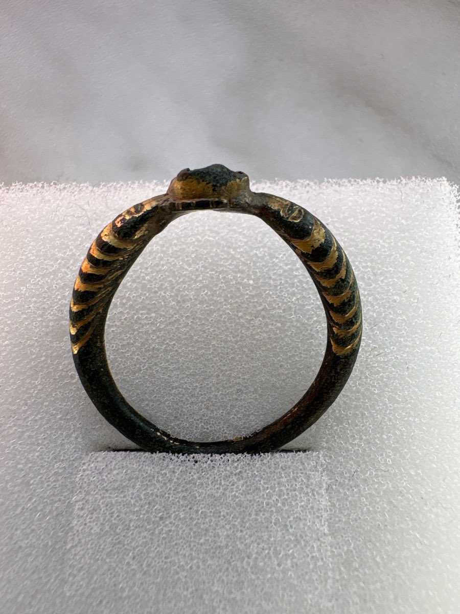 Sagnamadr's tweet photo. A potential parallel to my Odinic wolf ring from Thetford; this Iron Age bronze ring was found in Jammerbugt, Denmark, with a similar design, the fur parted down the middle. The two wolves would’ve held a stone between them. Thought to be 4-8th Century. ᚨ https://t.co/IezAzWD0si