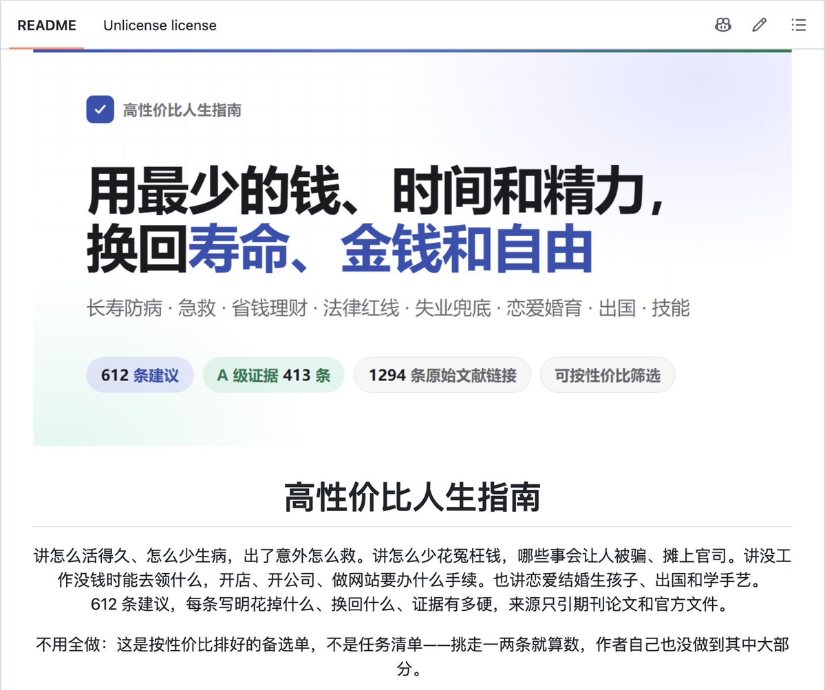 igeekbb's tweet photo. 当代齐民要术，老实人如何保命，哈哈哈，不知道是谁做的，真 6 啊～

把活得久、少生病、法律红线、失业和生病能领多少钱这些问题，做成一份写明成本、收益和原始出处的清单

人生有四种不可互相兑换资源：寿命、金钱、时间、自由。优先做低成本高收益的事，避开高成本低回报的大坑。

感兴趣的朋友可以去 Github 搜索看看