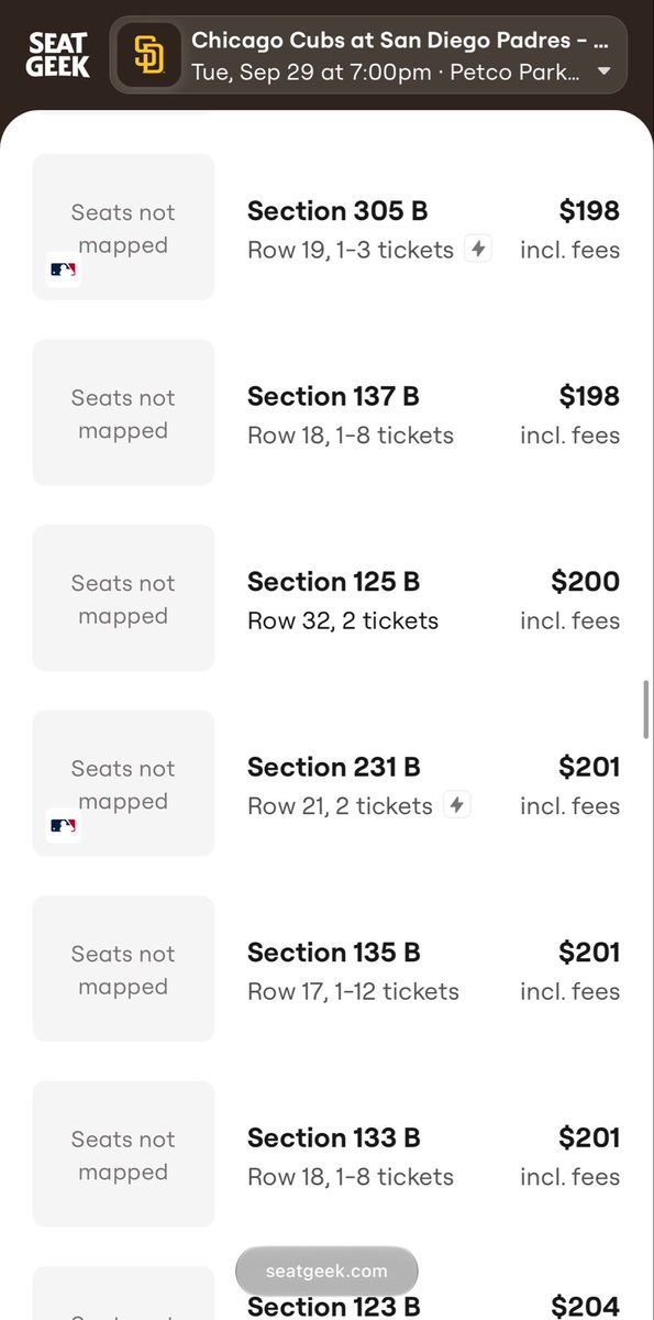 mteeter's tweet photo. @SeatGeek @MLB @Padres Cubs @ Padres Wild Card Gm 1 listings are imported from ballpark app as '305B', '137B', etc. and show 'Seats not mapped.' Hundreds of listings are missing from the seat map. https://t.co/E1NN3LeP1v