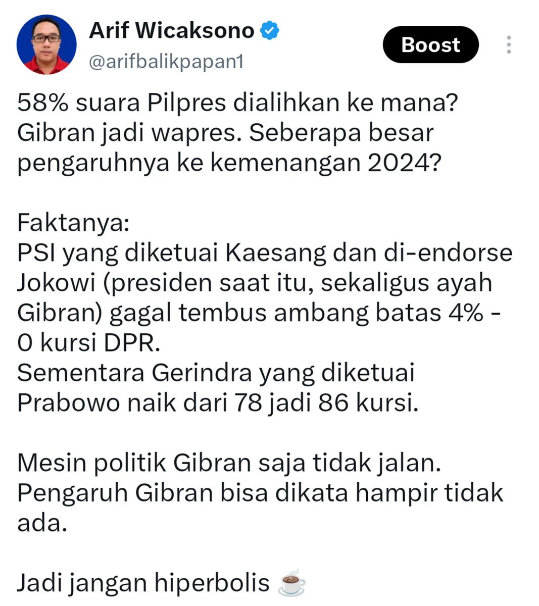 arifbalikpapan1's tweet photo. @arpanparutang Korelasinya kuat. Gibran tidak berkontribusi pada pemenangan. https://t.co/31kQKrEN1y