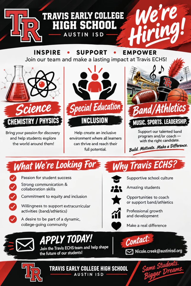 NicoleCreek13's tweet photo. Come work with us! Exciting time to be a Rebel! @TECHSREBELS @Secondary_AISD https://t.co/FOD8uMMYfY