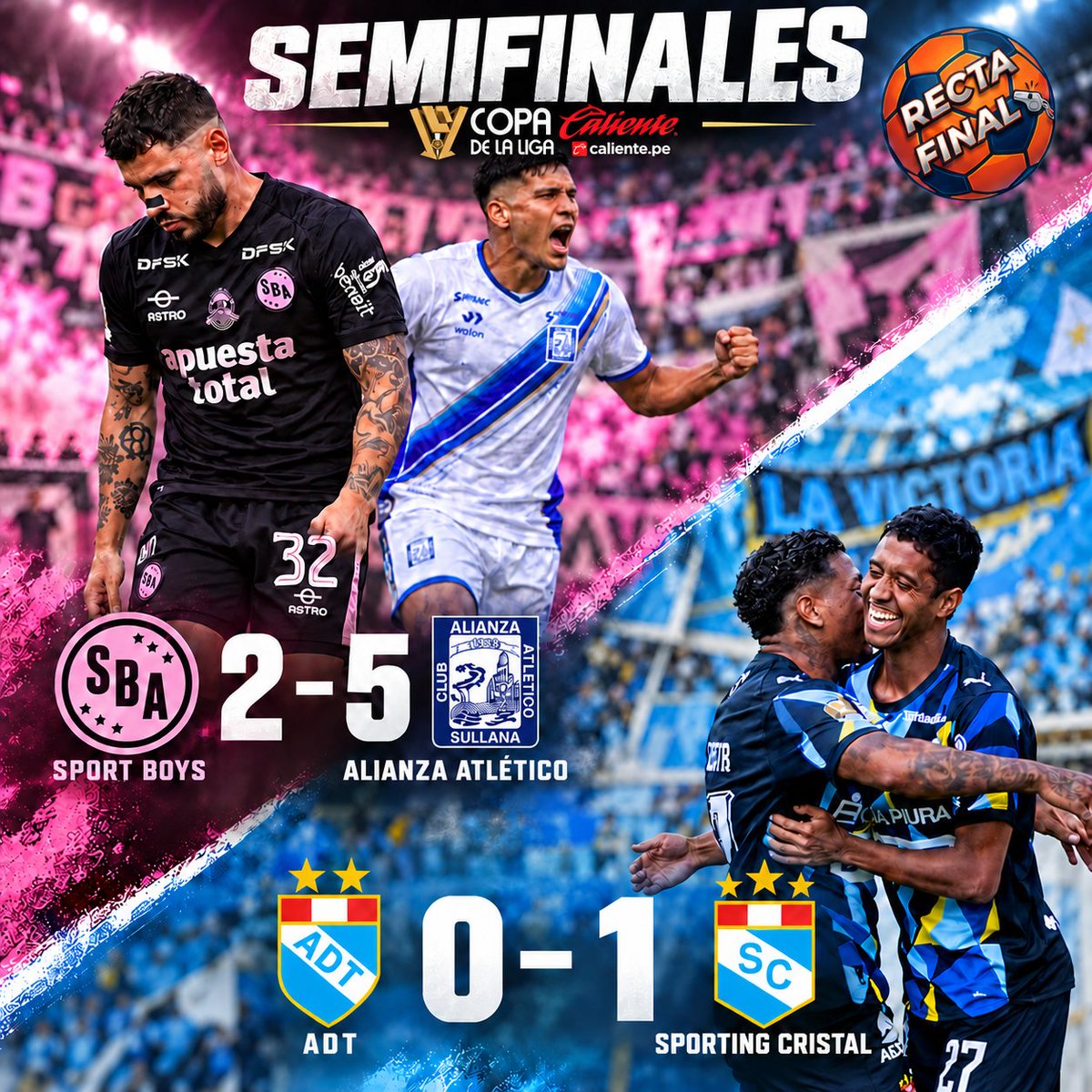 BuenosmomentosR's tweet photo. 🔥 ¡Golpes visitantes en semifinales! #AlianzaAtlético goleó 5–2 a #SportBoys en el #Callao y #SportingCristal venció 1–0 a #ADT en #Tarma. ¿Quiénes llegarán a la final? 🏆 #copacalientedelaliga #URGENTE #LOULTIMO https://t.co/LIHpOyeq7B