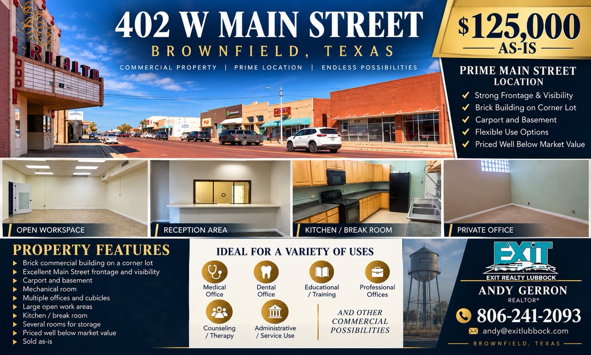 AndyGerron's tweet photo. Commercial Real Estate in Brownfield, TX. Priced WELL below value. This one is ready to move. Doctors's office / Dentist's office opportunity. Ready for educational uses. This is located right on the square. https://t.co/93Vklmv2ne