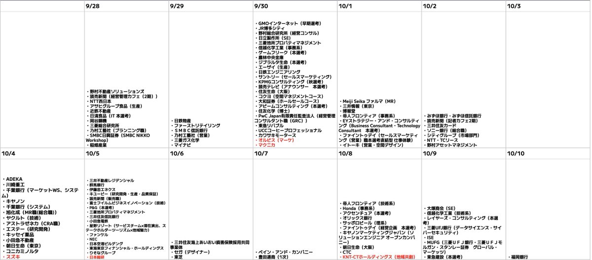 syukatsukame's tweet photo. 9/28更新
【28卒：秋冬インターン・本選考締切カレンダー】

11月までの締切更新しました。秋冬インターンがついに本格化しましたね。
大手企業の秋冬インターンはかなり解禁してきました。秋冬インターンは書類選考だけではなく、面接・GDがあるケースが多いので、面接・GD対策も並行して進めていきましょう！

大手志望の就活生は以下のイベントで企業研究を終わらせましょう。

①type就活フェア
参加企業：アクセンチュア、博報堂、P&Gジャパン、資生堂、三菱UFJ銀行、ユニ・チャーム、三井住友信託銀行、など

📍参加申し込み（先着順です）
https://t.co/6IYZwXqRWa

②ワンキャリオンライン合説

参加企業：日立製作所、ネスレ日本、コーセー、ハウス食品、カルビー、テレビ朝日、サイバーエージェント、ANA、JAL、アクセンチュア、アビームコンサルティング、東京海上日動など

📍参加申し込み（参加には事前申し込みは必要）
https://t.co/IYlbgVdgTy

#pr