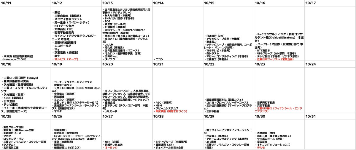 syukatsukame's tweet photo. 9/28更新
【28卒：秋冬インターン・本選考締切カレンダー】

11月までの締切更新しました。秋冬インターンがついに本格化しましたね。
大手企業の秋冬インターンはかなり解禁してきました。秋冬インターンは書類選考だけではなく、面接・GDがあるケースが多いので、面接・GD対策も並行して進めていきましょう！

大手志望の就活生は以下のイベントで企業研究を終わらせましょう。

①type就活フェア
参加企業：アクセンチュア、博報堂、P&Gジャパン、資生堂、三菱UFJ銀行、ユニ・チャーム、三井住友信託銀行、など

📍参加申し込み（先着順です）
https://t.co/6IYZwXqRWa

②ワンキャリオンライン合説

参加企業：日立製作所、ネスレ日本、コーセー、ハウス食品、カルビー、テレビ朝日、サイバーエージェント、ANA、JAL、アクセンチュア、アビームコンサルティング、東京海上日動など

📍参加申し込み（参加には事前申し込みは必要）
https://t.co/IYlbgVdgTy

#pr