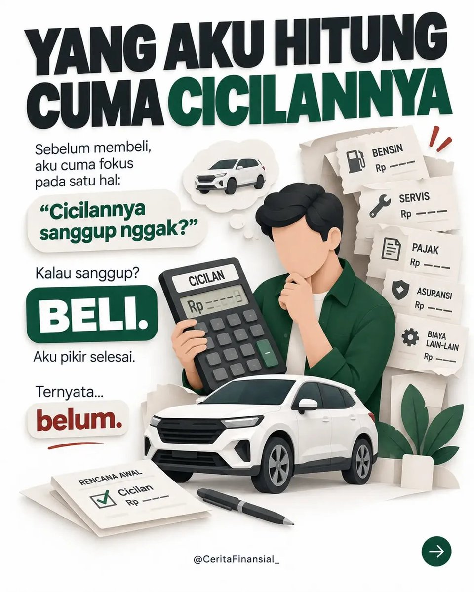 SmwGwOto's tweet photo. Disclaimer dulu, bukan melarang utk beli mobil dan gk ada yg salah Juga dengan membeli mobil.
Tapi, jangan sampai menyesal membeli mobil, bukan  karena mobilnya salah, tapi keliru menghitung kemampuan finsial kita.
Karena mampu bayar cicilan belum tentu berarti mampu menanggung seluruh biaya setelah mobil masuk garasi. Sebelum mengambil keputusan besar, coba hitung bukan cuma harga belinya, tapi juga dampaknya ke tabungan, investasi, kebutuhan keluarga, dan kehidupan sehari-hari.