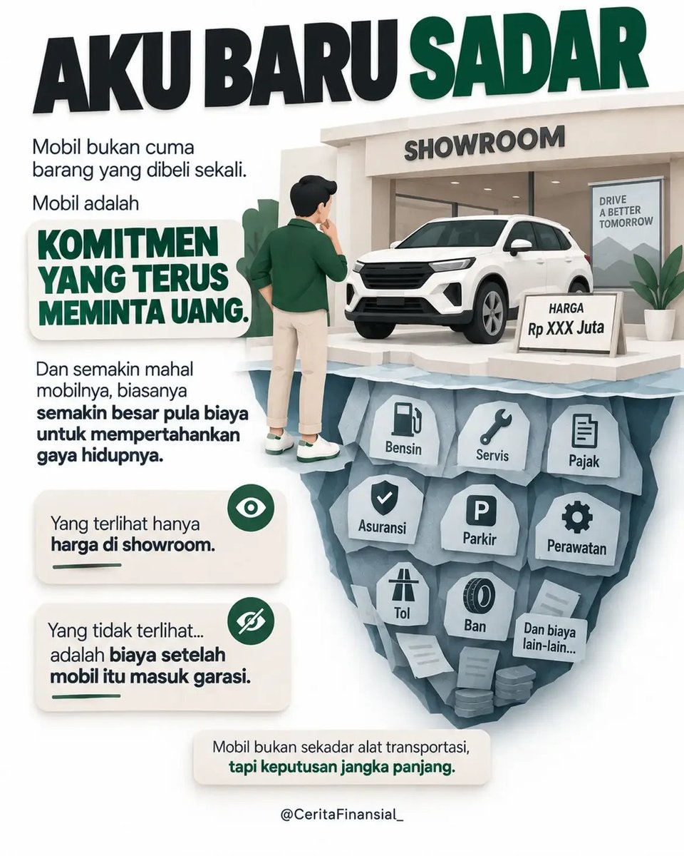 SmwGwOto's tweet photo. Disclaimer dulu, bukan melarang utk beli mobil dan gk ada yg salah Juga dengan membeli mobil.
Tapi, jangan sampai menyesal membeli mobil, bukan  karena mobilnya salah, tapi keliru menghitung kemampuan finsial kita.
Karena mampu bayar cicilan belum tentu berarti mampu menanggung seluruh biaya setelah mobil masuk garasi. Sebelum mengambil keputusan besar, coba hitung bukan cuma harga belinya, tapi juga dampaknya ke tabungan, investasi, kebutuhan keluarga, dan kehidupan sehari-hari.