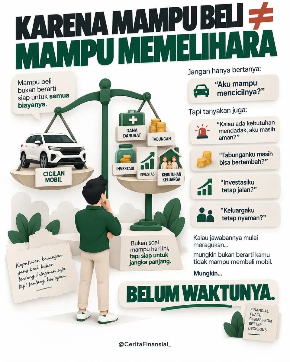 SmwGwOto's tweet photo. Disclaimer dulu, bukan melarang utk beli mobil dan gk ada yg salah Juga dengan membeli mobil.
Tapi, jangan sampai menyesal membeli mobil, bukan  karena mobilnya salah, tapi keliru menghitung kemampuan finsial kita.
Karena mampu bayar cicilan belum tentu berarti mampu menanggung seluruh biaya setelah mobil masuk garasi. Sebelum mengambil keputusan besar, coba hitung bukan cuma harga belinya, tapi juga dampaknya ke tabungan, investasi, kebutuhan keluarga, dan kehidupan sehari-hari.