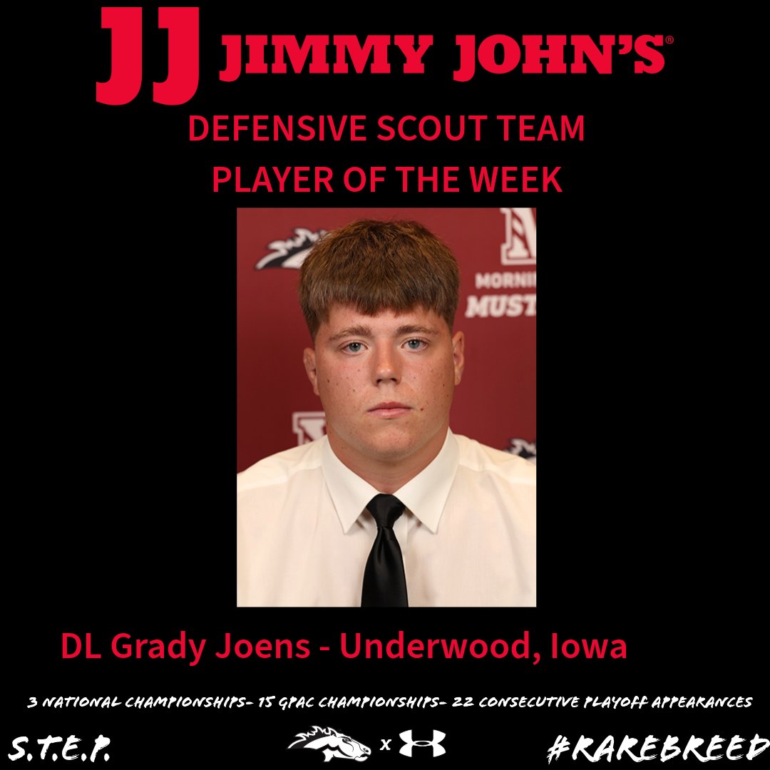 MsideFootball's tweet photo. Congrats to our Week 4 award winners vs Mount Marty. Presented by @jimmyjohns
Player of the Game: Cade Harriman @Cade_Harriman Defensive Scout: Grady Joens 
Offensive Scout: Miles Pollmann @MilesPollmann0 Position Group of the Week: Defensive Backs! #RareBreed https://t.co/23PWtkUSPI