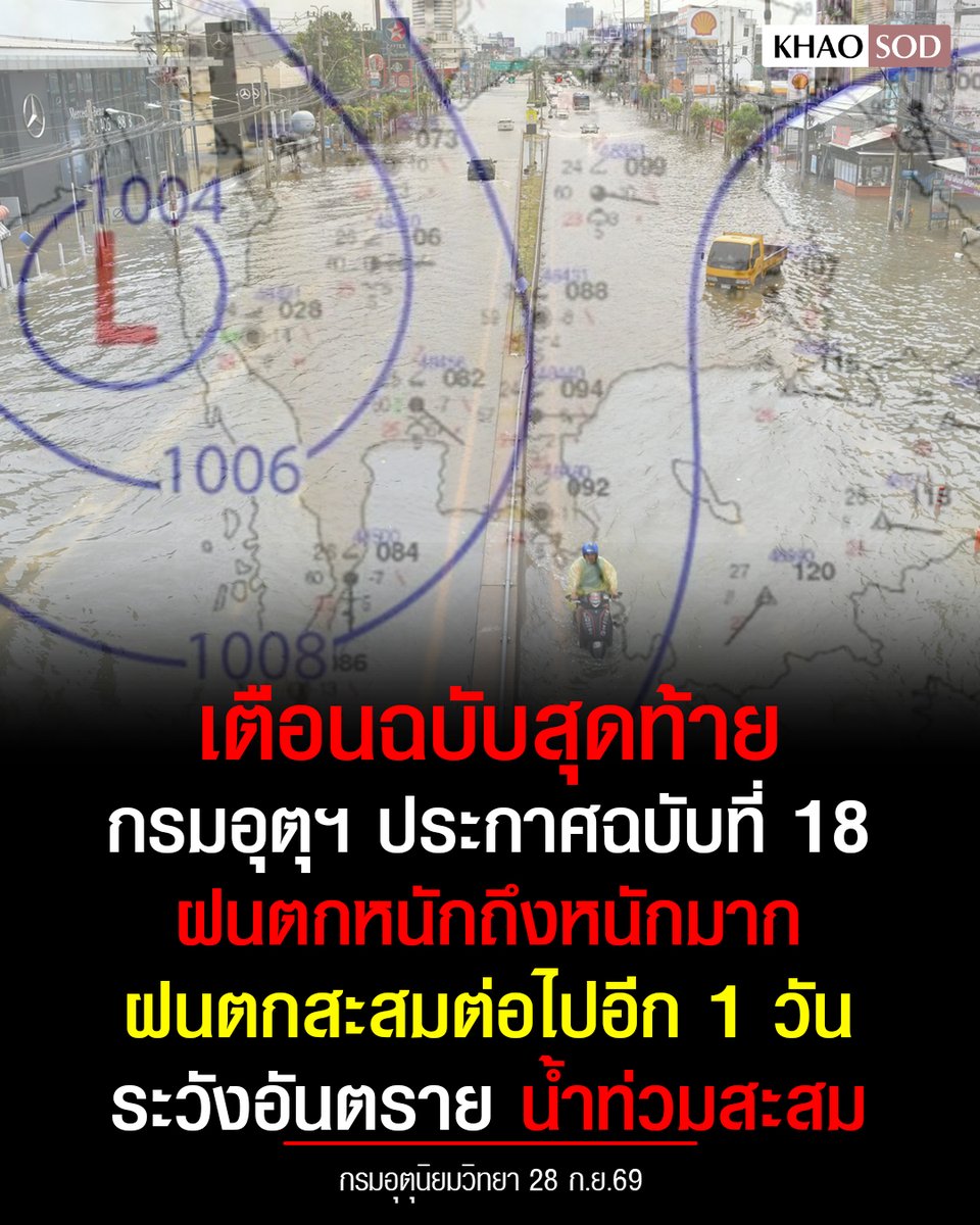 KhaosodOnline's tweet photo. กรมอุตุฯ ประกาศฉบับที่ 18 เตือน ฝนตกหนักถึงหนักมาก ฝนตกสะสมต่อไปอีก 1 วัน เผย เป็นฉบับสุดท้ายของเหตุการณ์นี้ ระวังอันตราย น้ำท่วมสะสม
.
#กรมอุตุนิยมวิทยา #พยากรณ์อากาศ #ฝนตกน้ำท่วม https://t.co/ra2igh4YGK