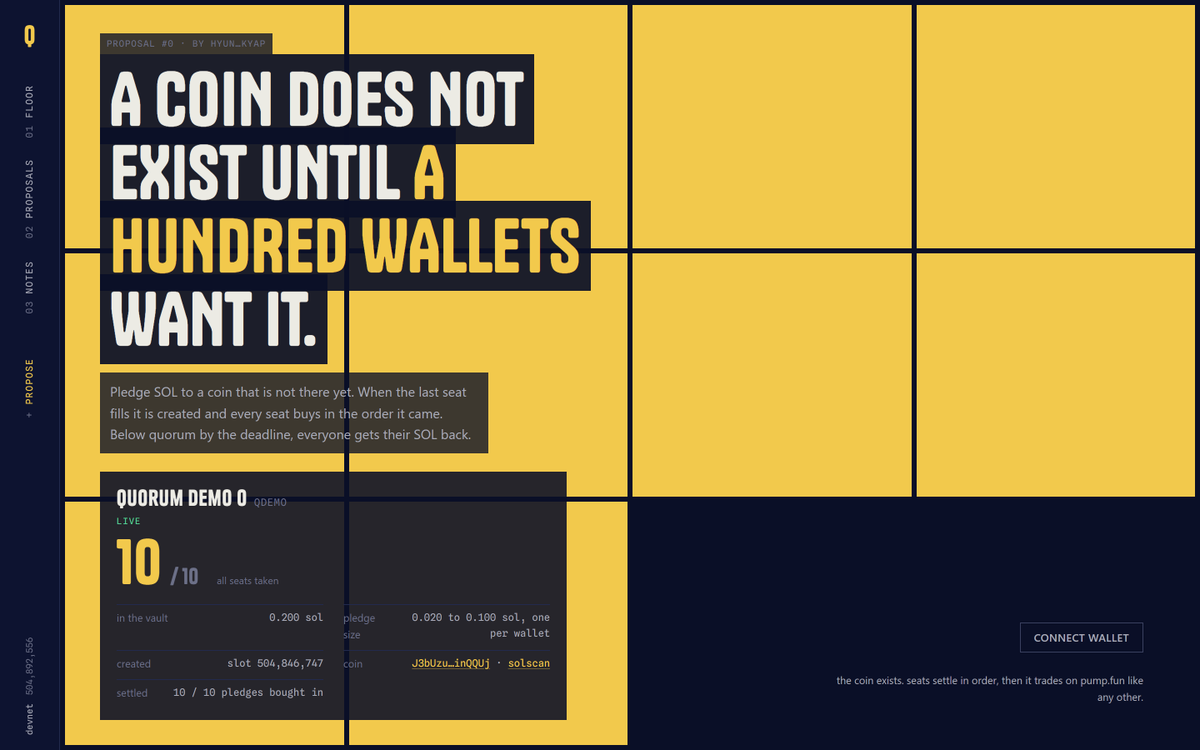 seatsdotmoney's tweet photo. Ran the whole thing on devnet: a proposal with ten seats, ten pledges, the create, ten settles, every pledger holding their tokens. Then a second proposal that missed its deadline and refunded.

Every transaction is on the site with its solscan link. https://t.co/MRibN64fFY https://t.co/1M2oFXep2u