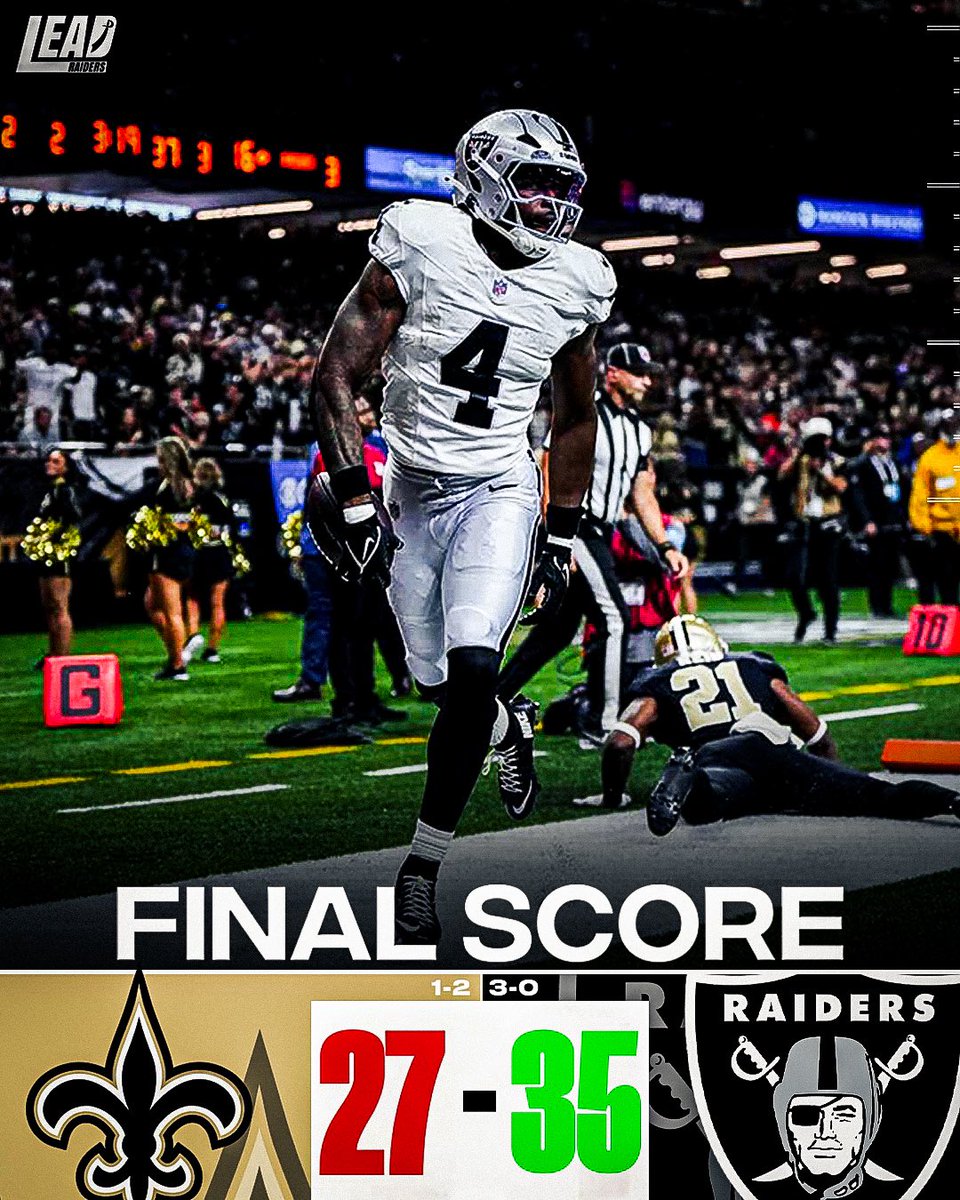 RaidersLead's tweet photo. THE #RAIDERS ARE 3-0

Takeaways: 

-BROCK BOWERS IS SO GOOD
-Kirk Cousins played amazing
-Did not love the defense, but they stepped up when it mattered
- Jeanty struggled heavily averaging just 2.9 YPC
-DL needs to be better and apply more pressures
-Masses another Int
-Cody White 3rd TD
-NAKOBE DEAN IS A DAWG